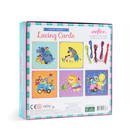 Lacing Cards Good Deeds set showing 5 animal-themed lacing cards with colorful laces for fine motor skill play.