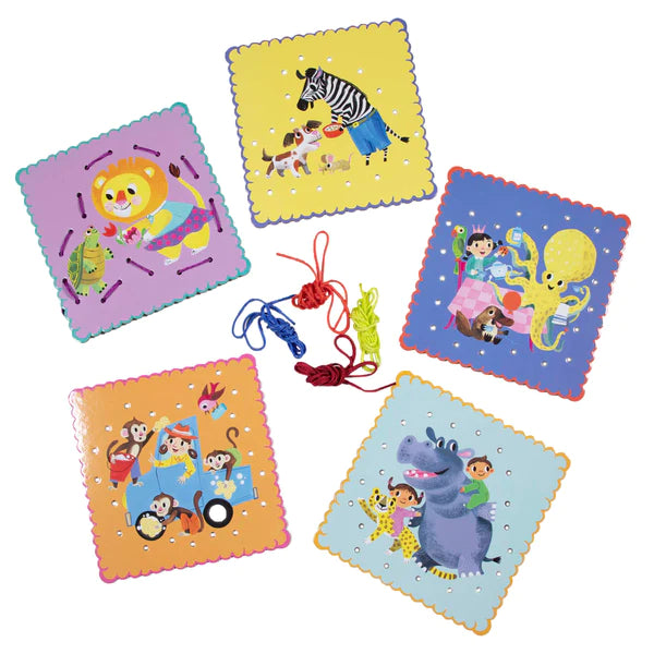 Lacing Cards Good Deeds set with five colorful animal and character illustrated lacing cards and five laces.