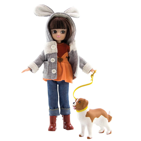 Lottie Walk in the Park doll wearing cozy bunny coat, fox blouse, boots and jeans with pet dog on leash.