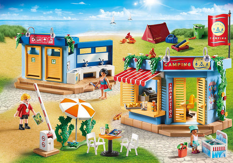 Family Fun | Campground with PLAYMOBIL figures, kiosk, shower block, tent, and camping accessories by the beach.