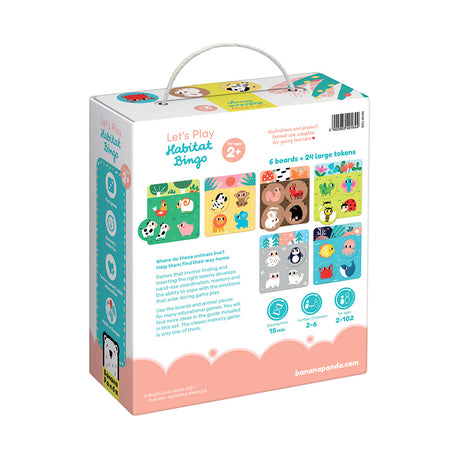 Habitat Bingo game box showing 6 animal boards and 24 large tokens for educational play ages 2 and up.