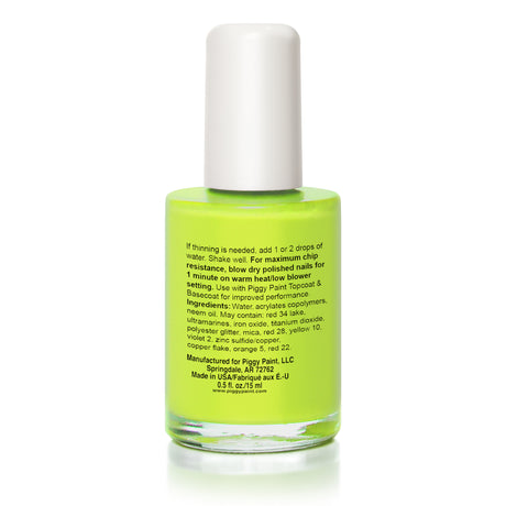 Bottle of Nail Polish Lime Time neon lime green color with white cap and product label on back side