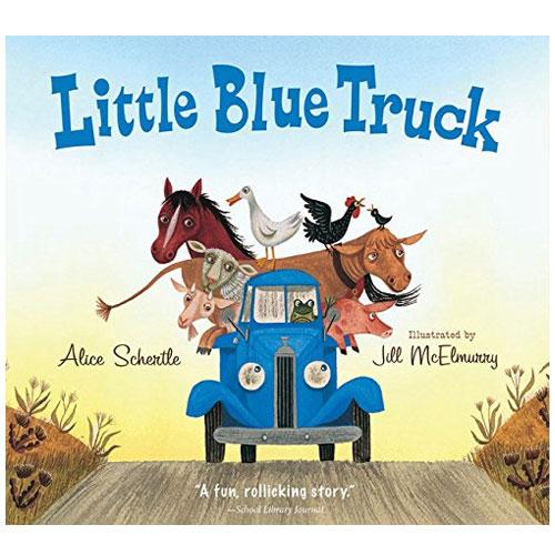 Cover of Little Blue Truck featuring a blue pickup surrounded by friendly farm animals on a country road.