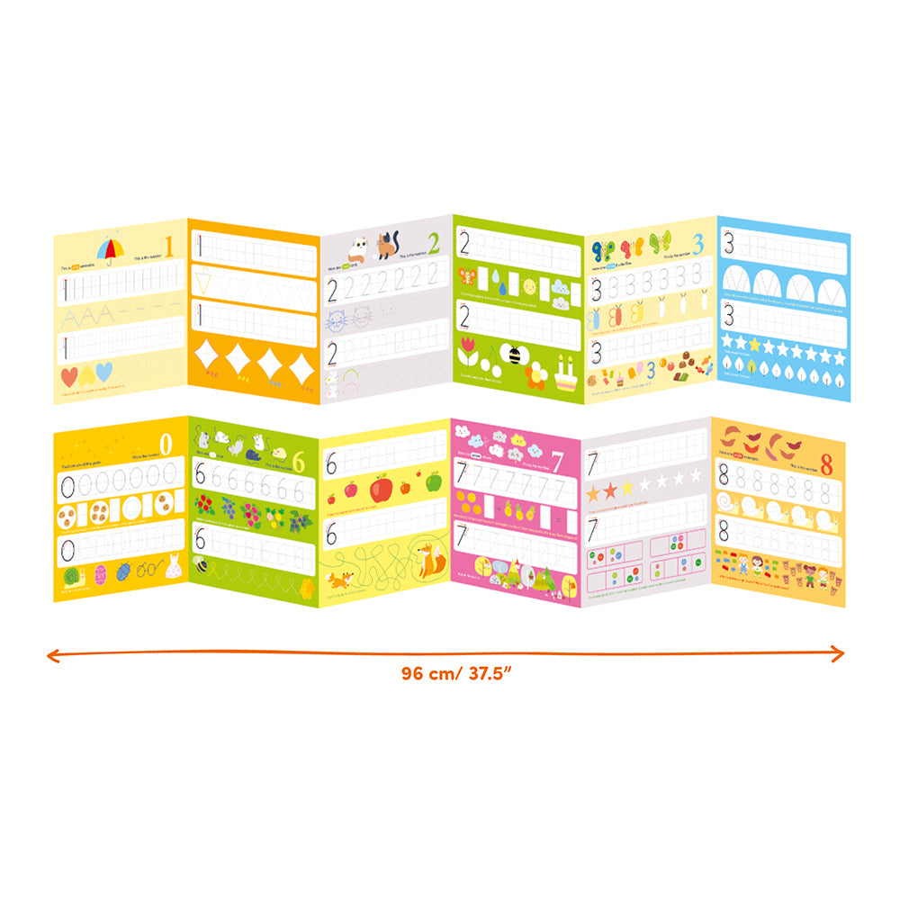 Loong Numbers Activity Book showing colorful number tracing and counting exercises for kids aged 5 and up.