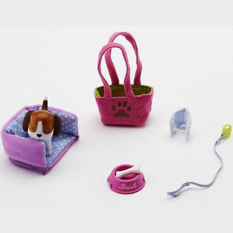 Lottie Biscuit the Beagle figurine with dog bed, pink bag, leash, bone, and drinking bowl accessory set