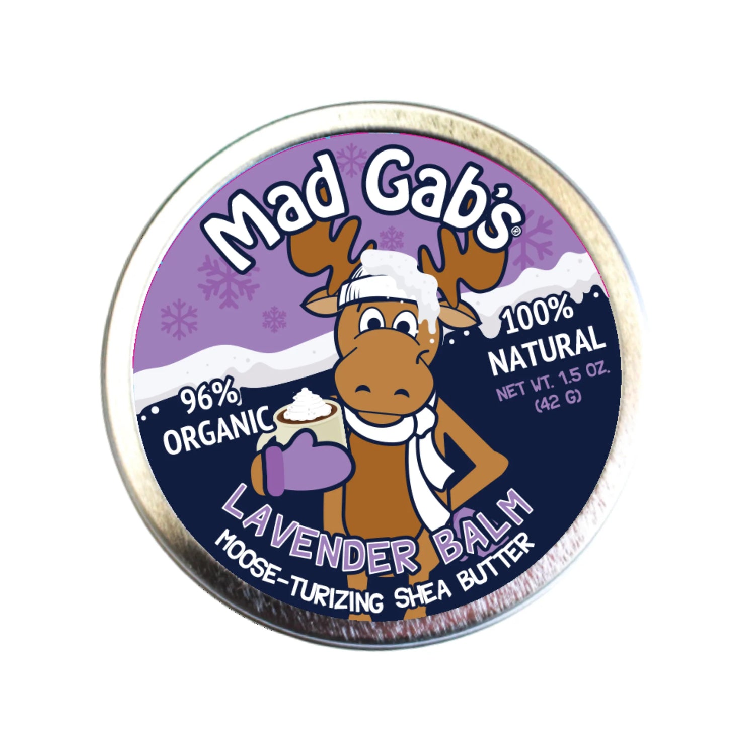 Moose Body Balm Lavender in a tin with a cartoon moose, highlighting organic and natural ingredients.