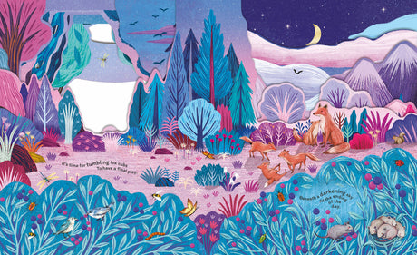 On Sleepy Hill shows a colorful forest with animals settling down under a starry night sky in a detailed picture book.