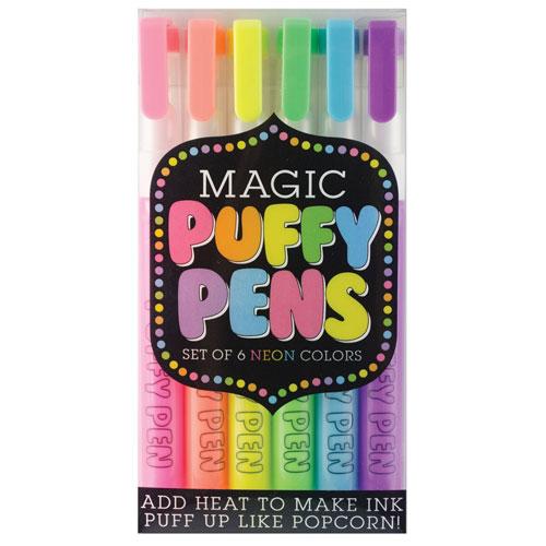 Magic Puffy Pens neon set of 6 colorful pens that puff up when heated for unique 3D art projects and crafts.