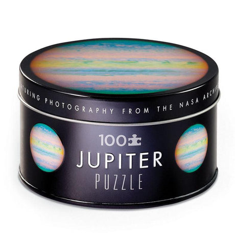 100pc Jupiter Puzzle in a decorative tin featuring a NASA image of Jupiter, perfect for kids and space lovers.