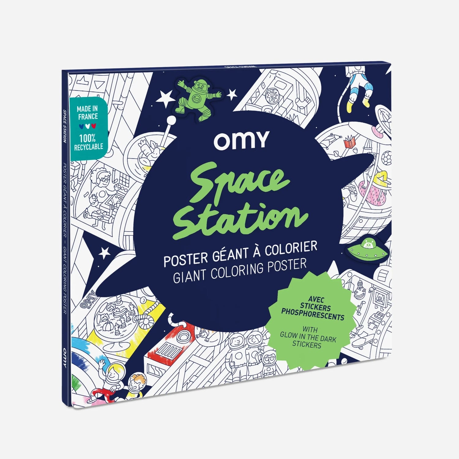 Space Giant Coloring Poster With Stickers featuring space station illustrations and glow in the dark stickers.