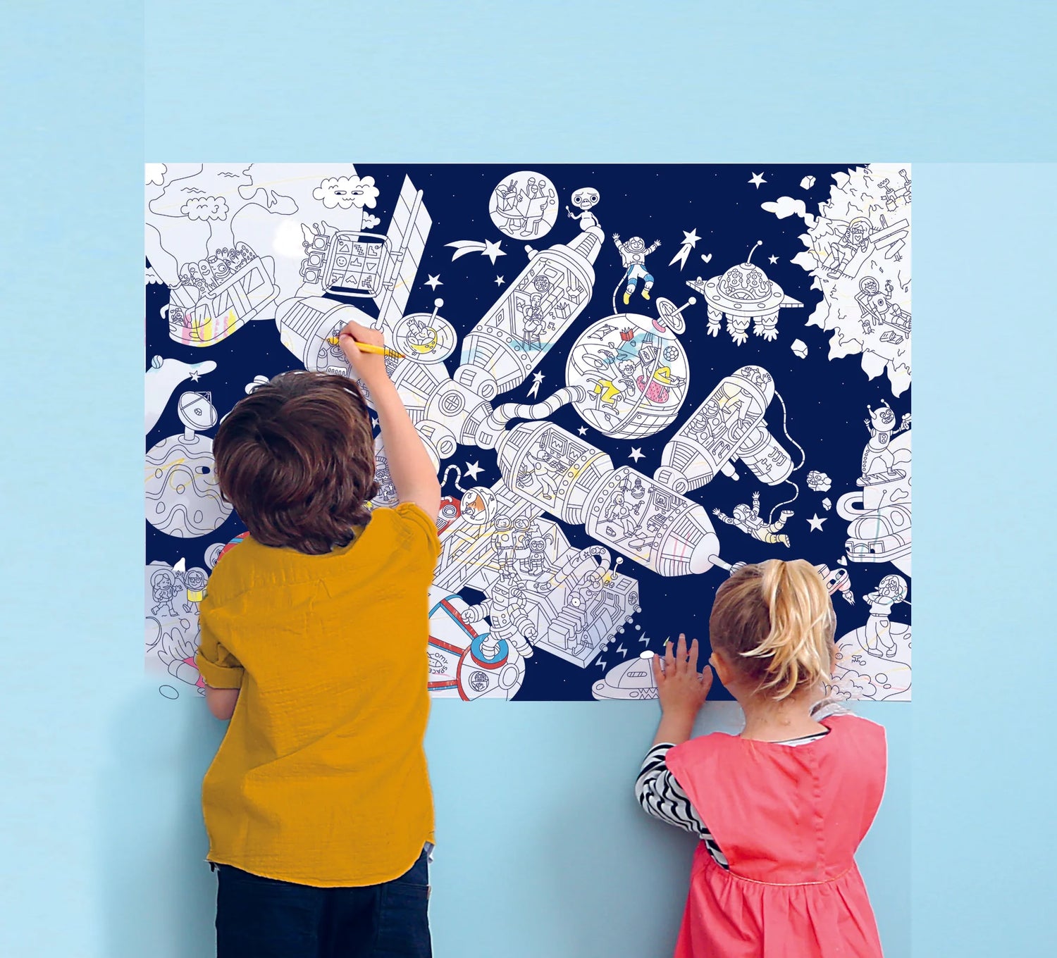 Space Giant Coloring Poster With Stickers featuring children coloring a large space station scene poster.