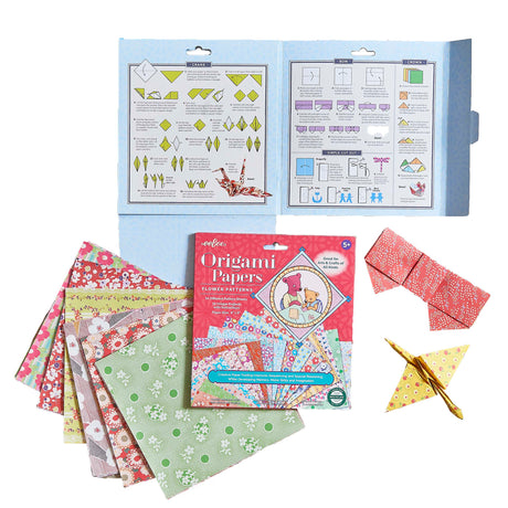 Origami Paper Flower Patterns set with colorful floral sheets, instructions, and folded paper models for creative crafting.
