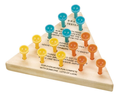 Peg Game wooden puzzle with colorful pegs arranged on a triangular board for challenging family fun.