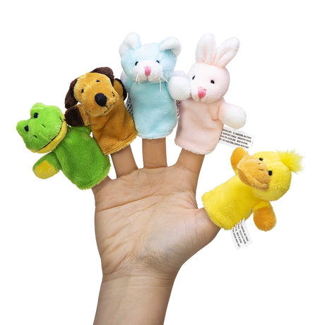 Animal Finger Puppet set featuring soft plush frog, dog, mouse, rabbit, and duck toys on hand fingers.