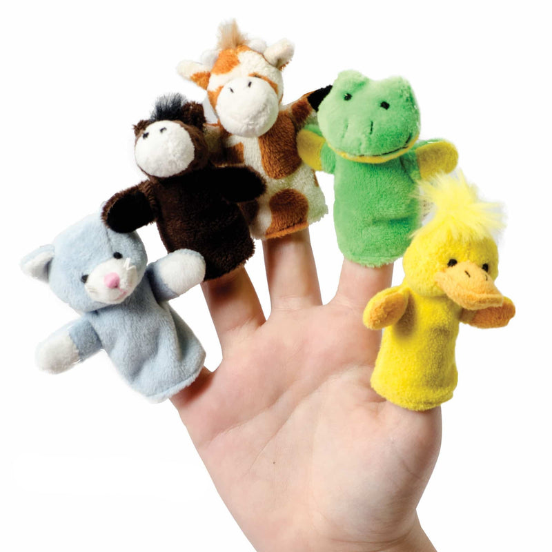 Animal Finger Puppet set featuring soft plush cat, horse, giraffe, frog, and duck finger puppets on a hand.