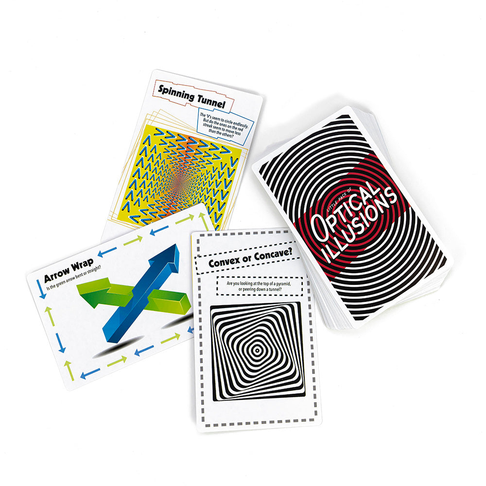 Optical Illusions card set featuring colorful and black-and-white mind-bending images for ages 8 and up.
