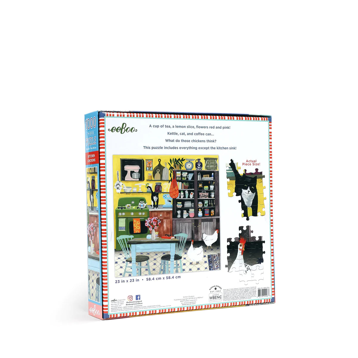 1000pc Kitchen Chickens Puzzle box showing colorful kitchen scene with chickens, cat, and puzzle pieces.