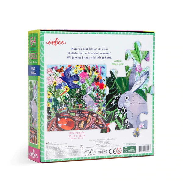 64pc Wild Things Puzzle box with colorful garden animals and large pieces shown at actual size on the packaging.