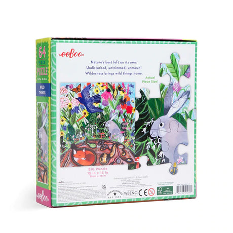 64pc Wild Things Puzzle box with colorful garden animals and large pieces shown at actual size on the packaging.