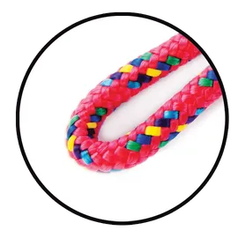 Jump Rope | 16' Red Confetti close-up showing vibrant red braided rope with colorful woven accents.