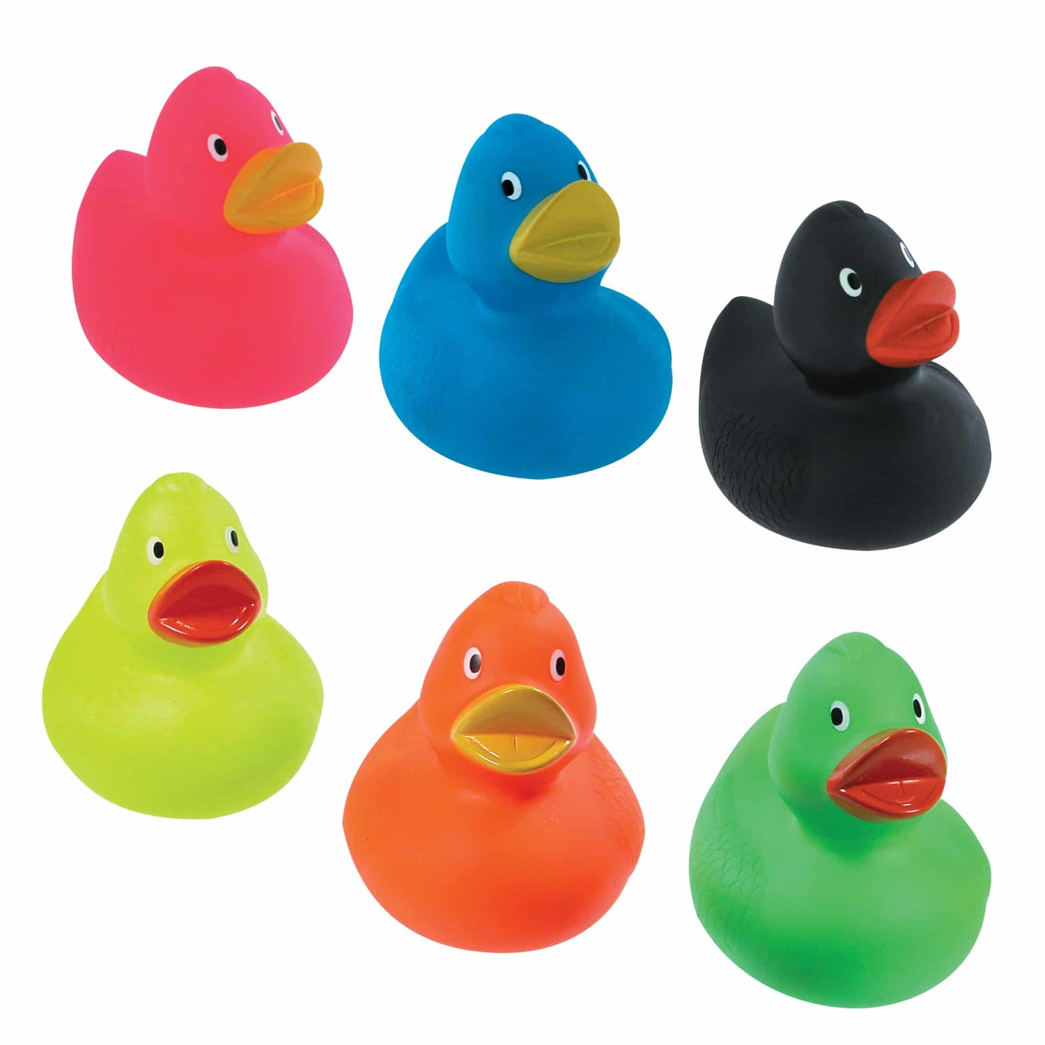 Colorful Rubber Duck bath toys in six bright colors including pink, blue, black, yellow, orange, and green.