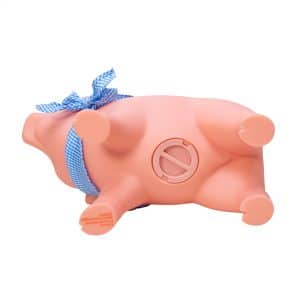 Rubber Piggy Bank in pink vinyl with blue ribbon, durable and perfect for teaching kids to save money.