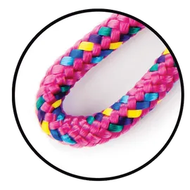 Close-up of woven colorful handle of Jump Rope | 8' Raspberry Confetti with knotted design for durability and comfort.
