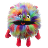 Colorful Rainbow Monster Puppet with soft fur, big eyes, and red hands, perfect for imaginative play and storytelling.