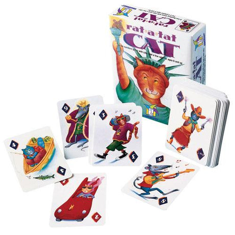 Rat-A-Tat Cat card game box and colorful illustrated cards featuring cats playing various roles and activities.