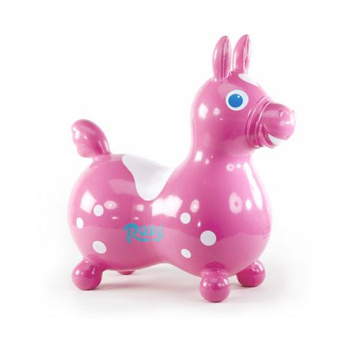 Rody | Pink inflatable ride-on horse toy designed for kids 2-4, promoting balance and coordination with durable vinyl material.