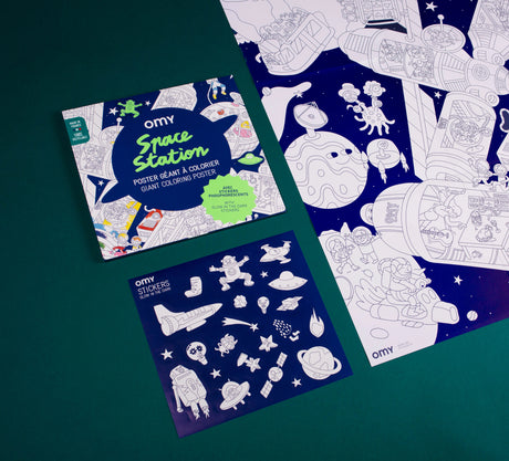 Space Giant Coloring Poster With Stickers showing space station illustrations and a sheet of glow in the dark stickers.