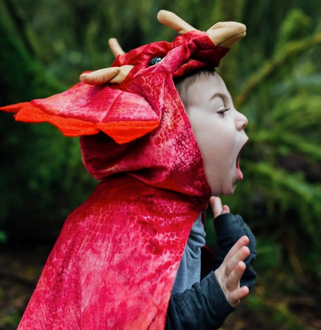 Child wearing a red Triceratops Hooded Dinosaur Cape with textured velour and 3D horns outdoors.