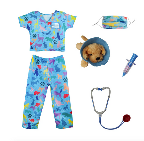 Veterinarian Set with colorful animal print scrubs, mask, plush puppy with cone, syringe, stethoscope, and name card.