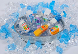 Japanese Eraser Drink puzzle eraser toys displayed in assorted beverage designs in a bowl of decorative ice.