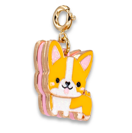 Gold Corgi Charm featuring glitter enamel and base metal, a cute and happy dog design perfect for daily wear.