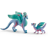 Flower Dragon and Baby figurines in blue and teal with floral details, featuring a mother dragon and her playful baby.
