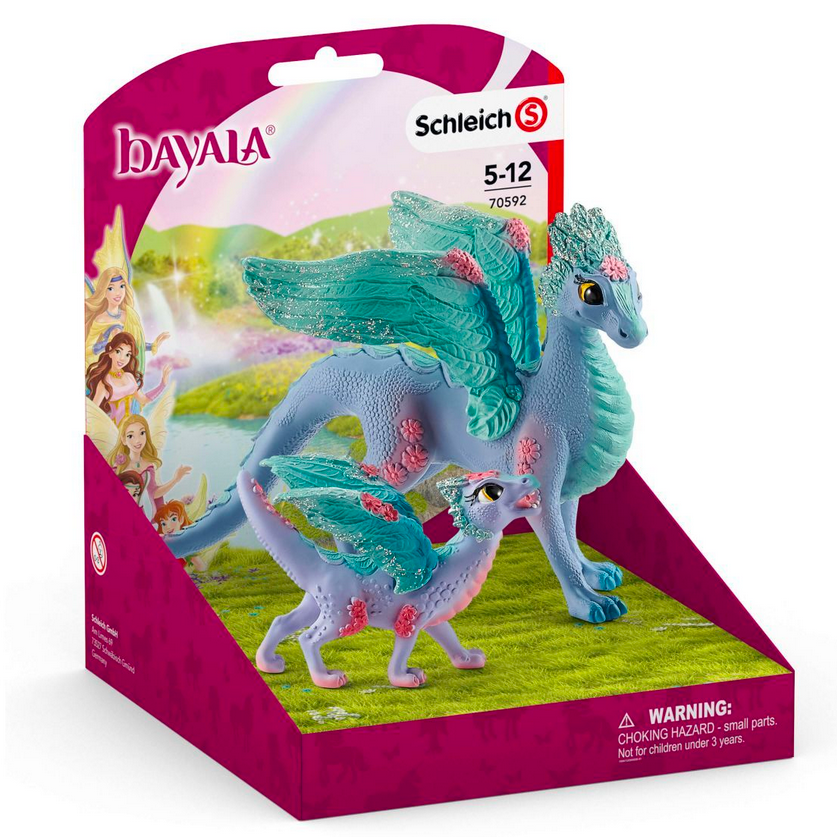 Flower Dragon and Baby toy figures in vibrant blue and teal with pink flowers, designed for children ages 5-12.