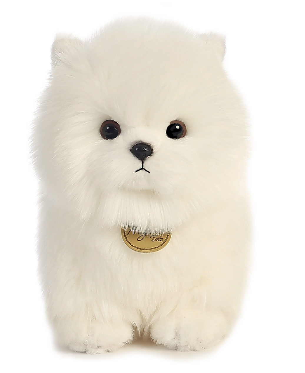 Pompom Pup White plush toy, 9-inch soft and fluffy pup with black eyes and nose, perfect for all ages and personalities.