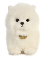 Pompom Pup White plush toy, 9-inch soft and fluffy pup with black eyes and nose, perfect for all ages and personalities.