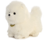 Pompom Pup White plush toy standing, soft and fluffy 9-inch pup with black eyes and nose, friendly and cute design.