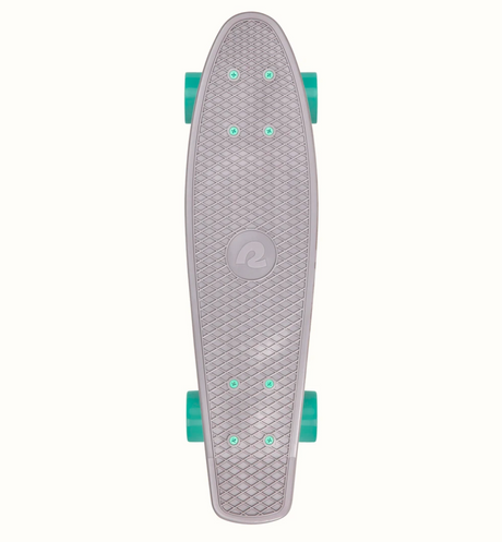 Quip Mini Cruiser Skateboard | Shark shown from top with gray deck and teal wheels, compact and portable design.
