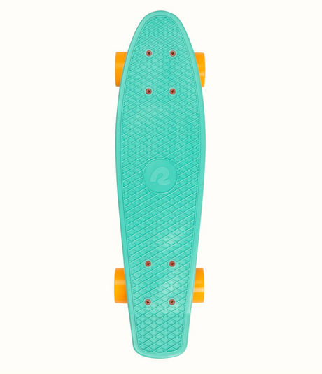Quip Mini Cruiser Skateboard Seafoam in teal with orange wheels, compact and lightweight for easy portable skating.