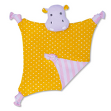 Organic Hippo Coco Blankie with yellow polka dot cotton fabric and soft hippo plush head for cozy comfort.