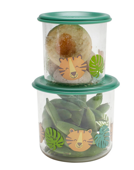 Good Lunch Snack Containers | Tigers set with clear durable containers, green lids, and cute tiger designs for fresh snacks.