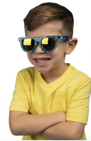 Young boy wearing Arkaid Cookie Monster Sunglasses with blue cookie-patterned frames and UV400 lenses.