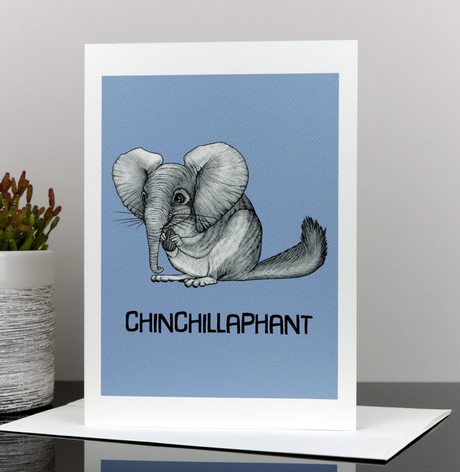 Chinchillaphant Card featuring a cute hybrid animal with elephant ears and chinchilla body on blue background.