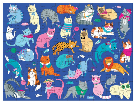 100pc Cats & Dogs Doublesided Puzzle featuring colorful illustrations of playful cats on a vibrant blue background.