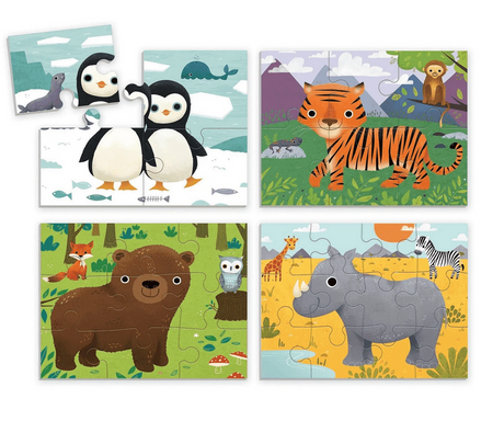 4-12pc Animal Progressive Puzzles featuring colorful animal scenes with tigers, bears, penguins, and rhinos for children.