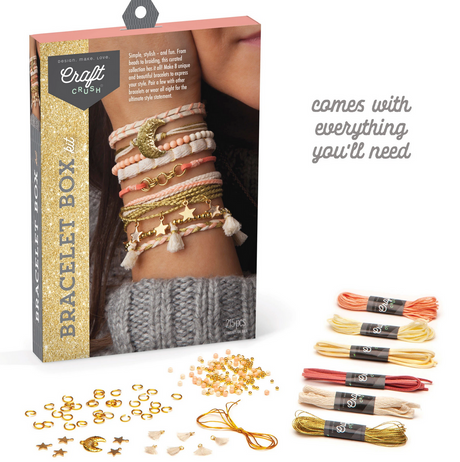Bracelet Box Gold craft kit with materials to create 8 stylish, unique bracelets including beads, cords, charms, and tassels.