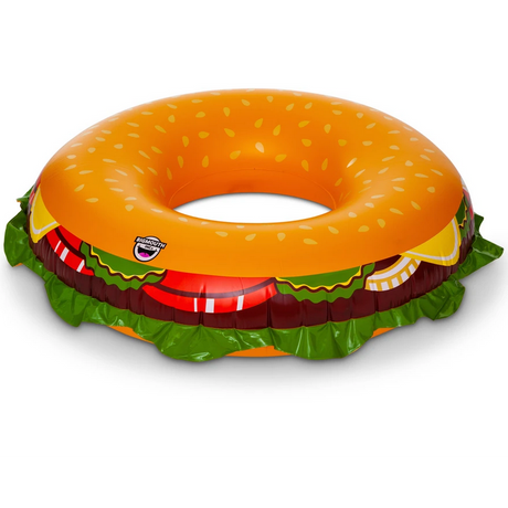 Pool Float | Cheeseburger inflatable pool float shaped like a cheeseburger with sesame seed bun and lettuce details.
